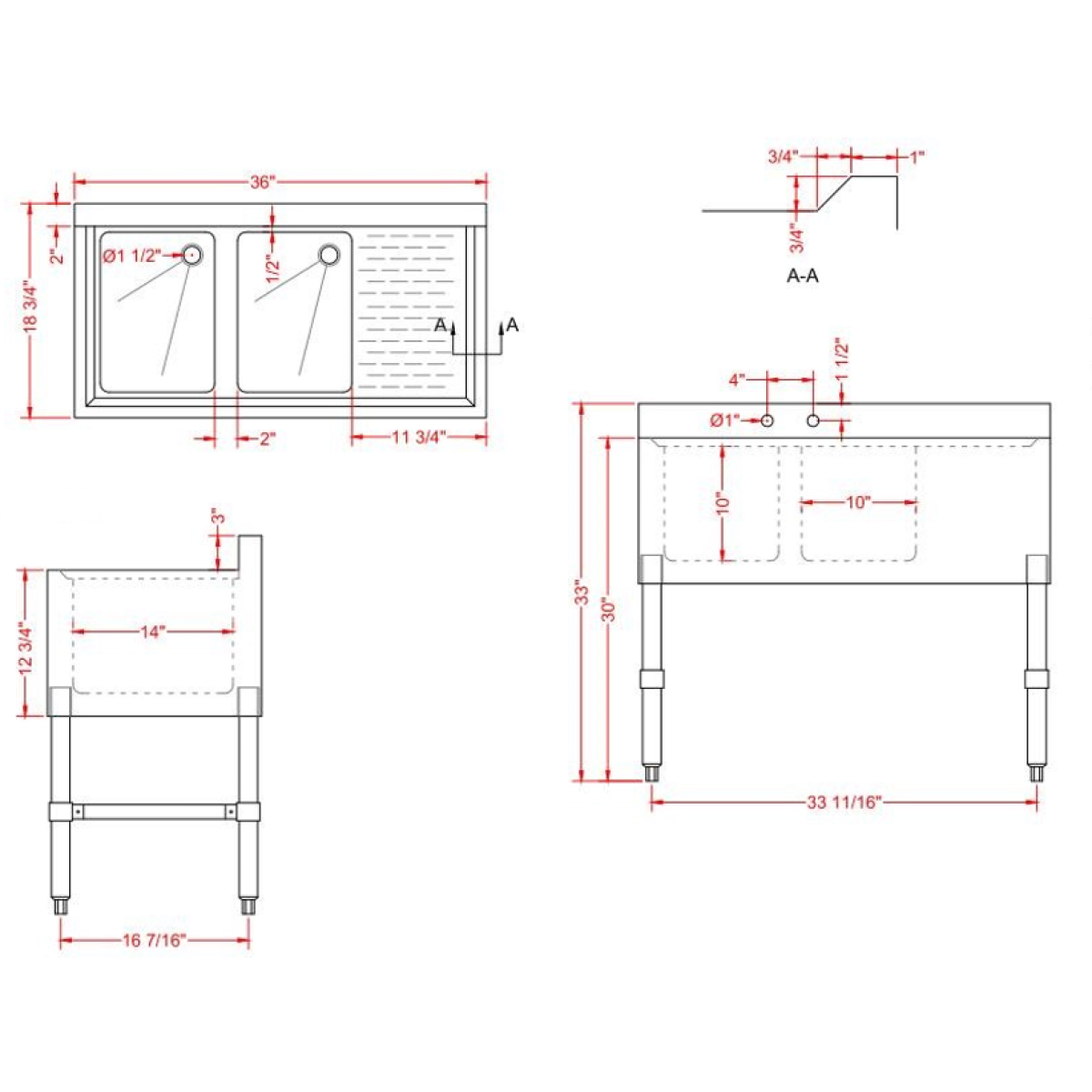 Commercial Bar Sink With Backsplash 2 Bowls Left 914x470x762mm | Adexa BAR2B36R 3 Commercial Bar Sink With Backsplash 2 Bowls Left 914x470x762mm | Adexa BAR2B36R - Image 3