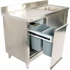 Commercial Sink Cupboard Stainless Steel 1400x700x900mm 1 Bowl Waste Bin Splashback | Adexa DSA14702D2WBR