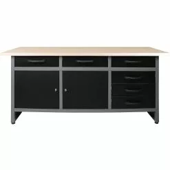 Professional Grey & Black Workshop Workbench With 30mm Wooden Desktop 6 Drawers & 2 Lockable Doors 1600x600x850mm | Adexa TC008