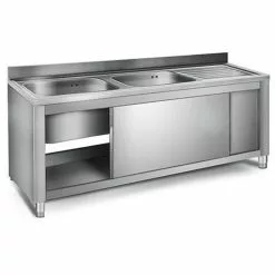 Commercial Sink With Cupboard Stainless Steel 2 Bowls Left Splashback Width 1400mm Depth 700mm | Adexa VSC147LBT