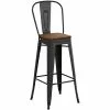 High Bar Stool Steel Black With Wooden Seat And High Backrest Indoors | Adexa WW172B