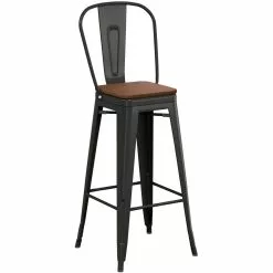 High Bar Stool Steel Black With Wooden Seat And High Backrest Indoors | Adexa WW172B