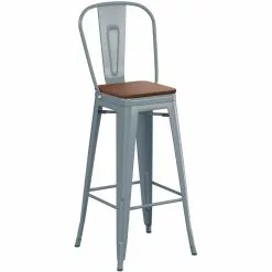 High Bar Stool Steel Grey With Wooden Seat And High Backrest Indoors | Adexa WW172G