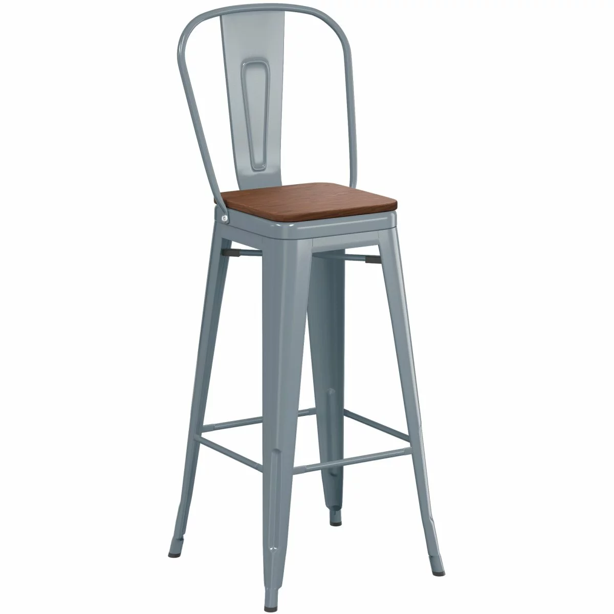 High Bar Stool Steel Grey With Wooden Seat And High Backrest Indoors | Adexa WW172G 1 High Bar Stool Steel Grey With Wooden Seat And High Backrest Indoors | Adexa WW172G